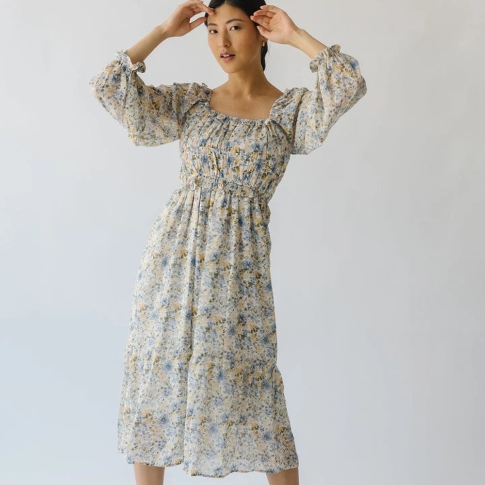 Piper and Scoot Lush Blue and Yellow Midi Dress with Sheer Sleeves